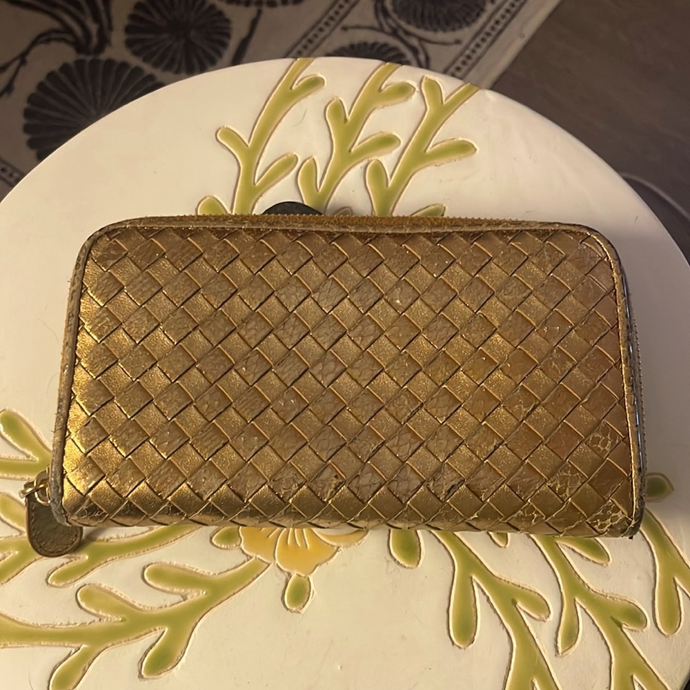 Bottega Veneta Gold Zip Around Napa Intrecciato Wallet
